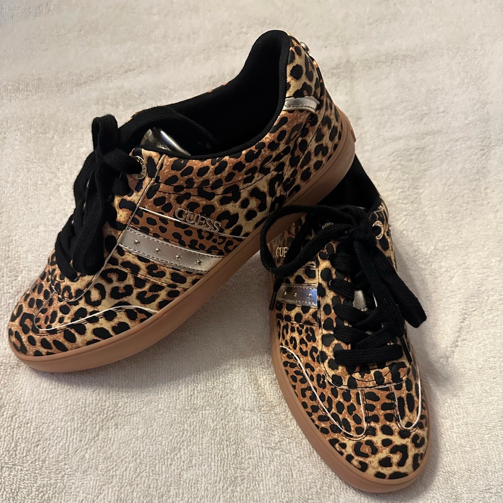 Guess Leopard Print Sneakers with black laces and silver and gold embellishment